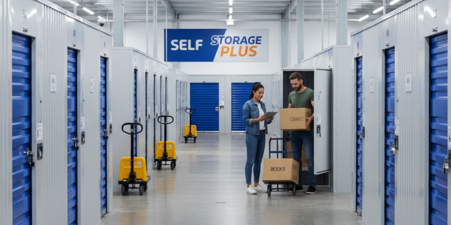 Innenansicht einer modernen Selfstorage-Anlage mit langen Gängen, flankiert von zahlreichen blauen Lagerboxen unterschiedlicher Größe. Ein Paar ist gerade dabei, Kartons in eine geöffnete Lagerbox zu räumen, während eine Frau auf einem Tablet digitale Dokumente prüft. Im Hintergrund sind weitere leere Lagerboxen und Transportwagen zu sehen. Das